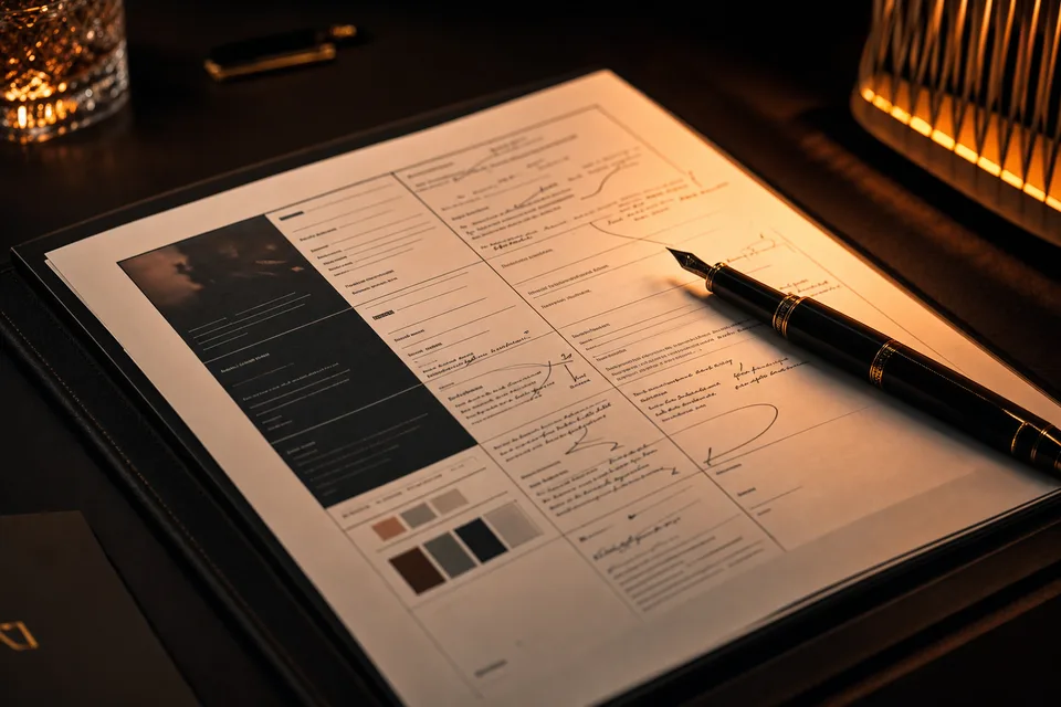 A professional creative brief document on a dark desk with warm accent lighting