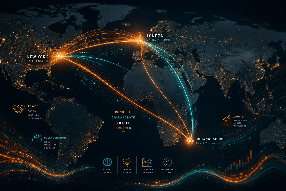 Abstract visualisation of global business connections between South Africa, the UK and the United States